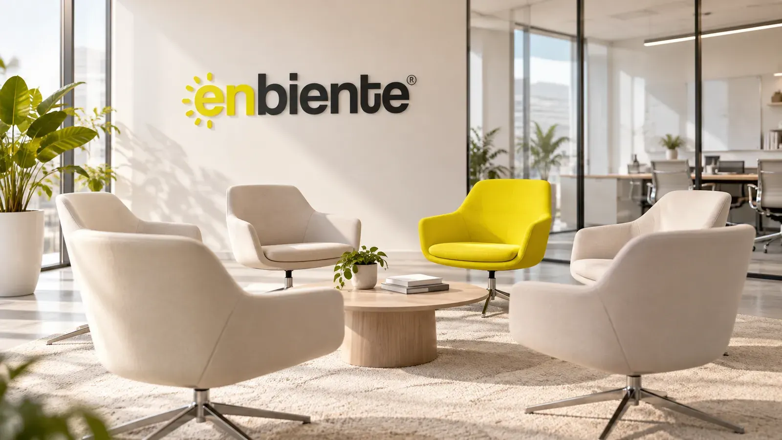 Sala de escritório moderna e luminosa, com cadeiras brancas e uma cadeira amarela em destaque, simbolizando a Comunidade de Talento Enbiente e as oportunidades de crescimento profissional.