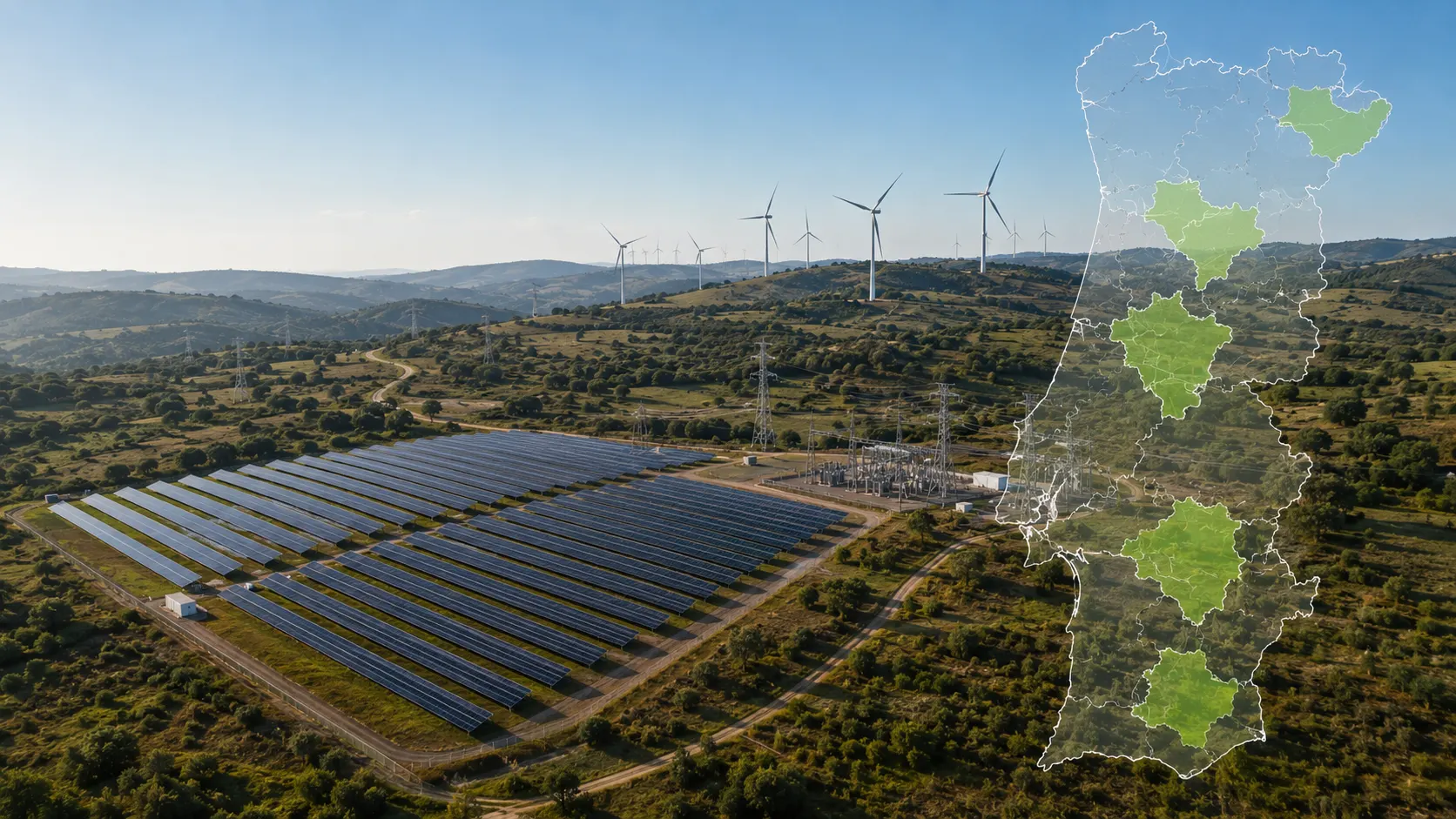 Imagem ilustrativa do Mapa Verde e das zonas de aceleração das energias renováveis em Portugal
