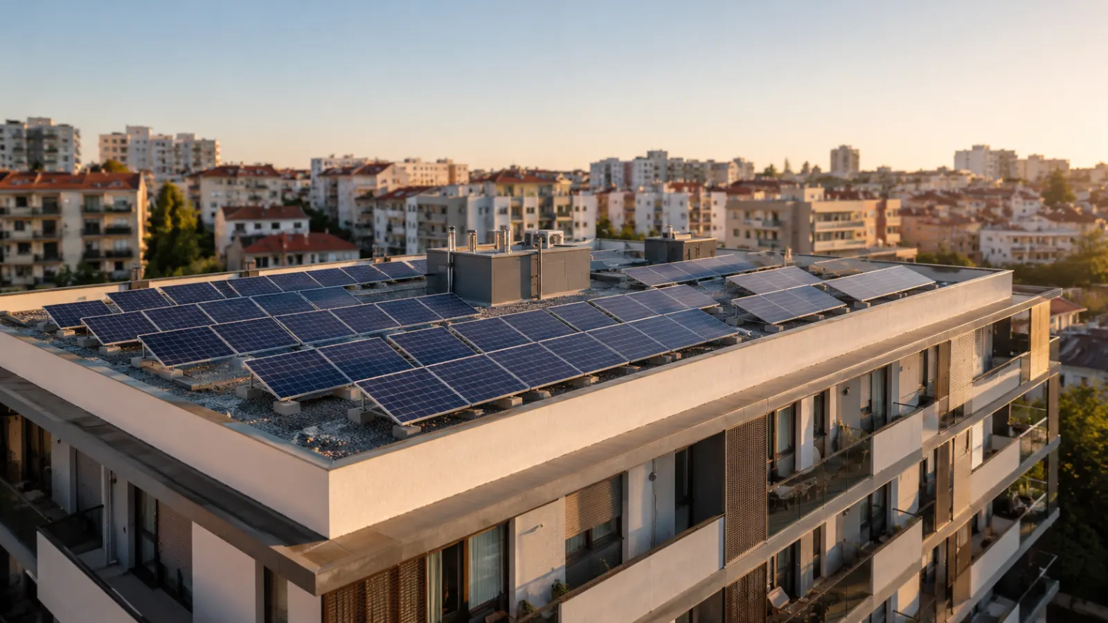 Painéis solares instalados na cobertura de um edifício residencial
