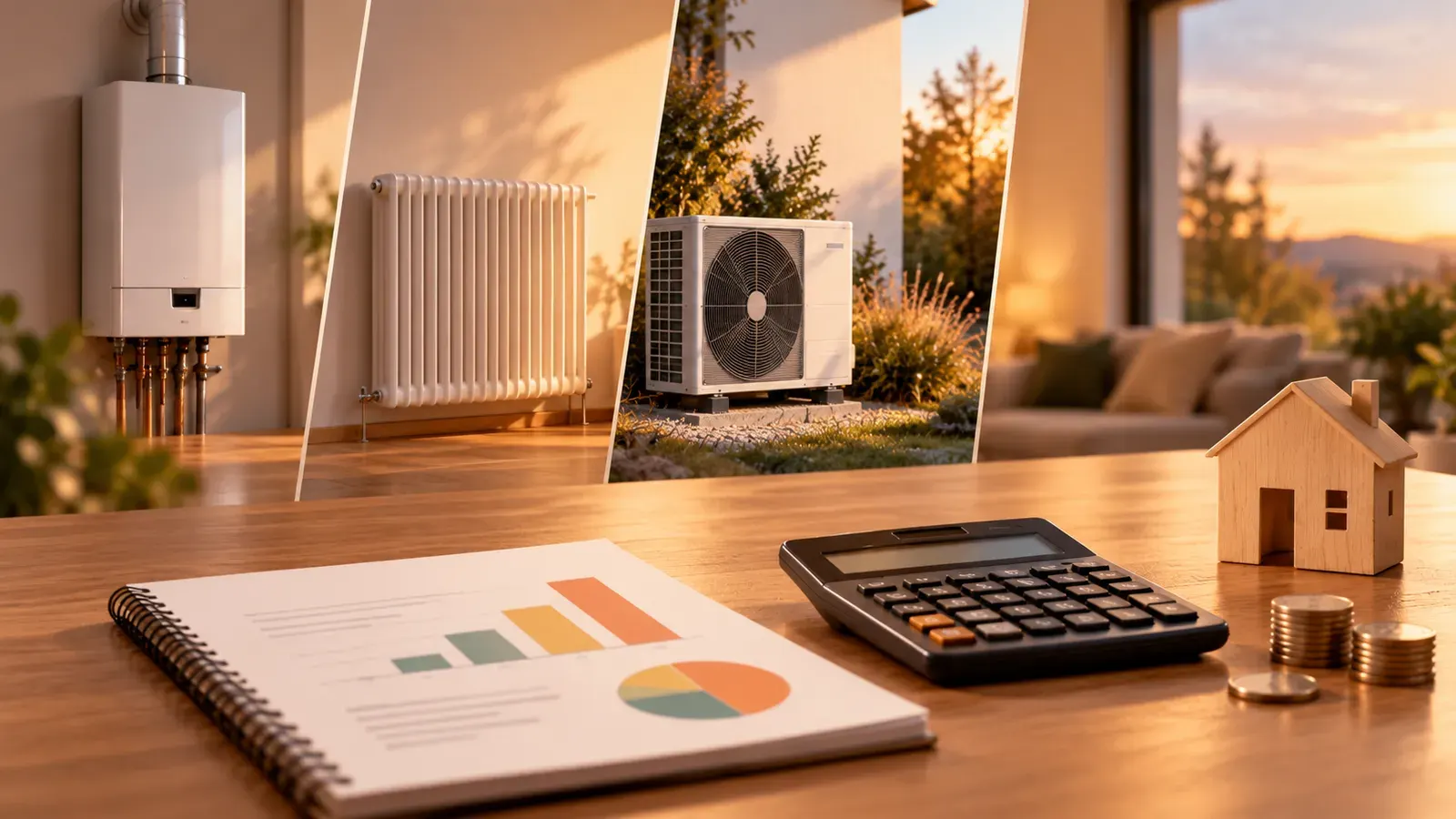 Comparison of home heating systems, featuring a gas boiler, radiator and heat pump, alongside a calculator and a chart of energy costs.